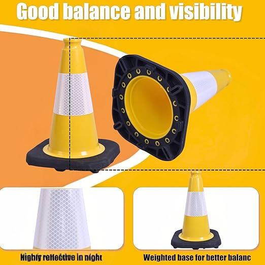 BESEA 6Pack 12 Inch Yellow Traffic Cones with 4 Inch Reflective Collar, Heavy Duty PVC Safety Cones with 8.5 x 8.5 Inch Base for Parking, Driving Practice, Sports Training, and Construction