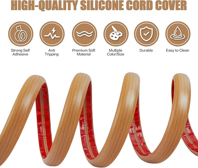 Floor Cord Cover Self Adhesive Cord Hider,3.3FT Cable Management, Extension Strip Protector for Wires, Prevent Cable Trips for Offices, Gyms, Exhibitions Cavity:0.51"(W) x 0.3"(H) Brown Wood