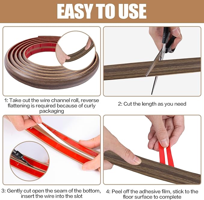 Floor Cord Cover Self Adhesive Cord Hider,10FT Cable Management, Extension Strip Protector for Wires, Prevent Cable Trips for Offices, Gyms, Exhibitions Cavity:0.3"(W) x 0.28"(H) Wood Walnut
