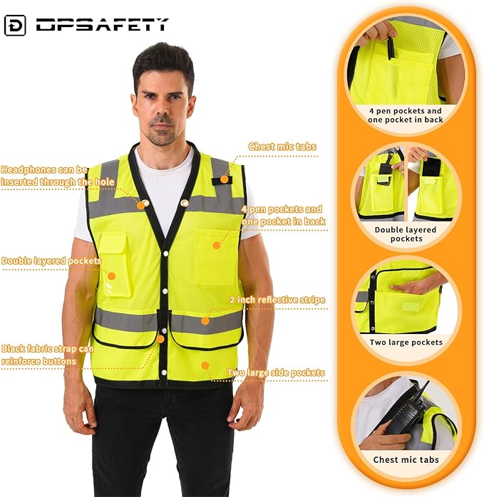 Reflective Safety Vest With Back Plan Pocket, High Visibility Class 2 Heavy Duty Surveyor, ANSI/ISEA Standard, Construction Work for Men & Women (Lime-Button, M)
