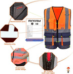 A-SAFETY High Visibility Safety Vest with 4 Reflective Strips 7 Pockets,Orange&Navy X-Small