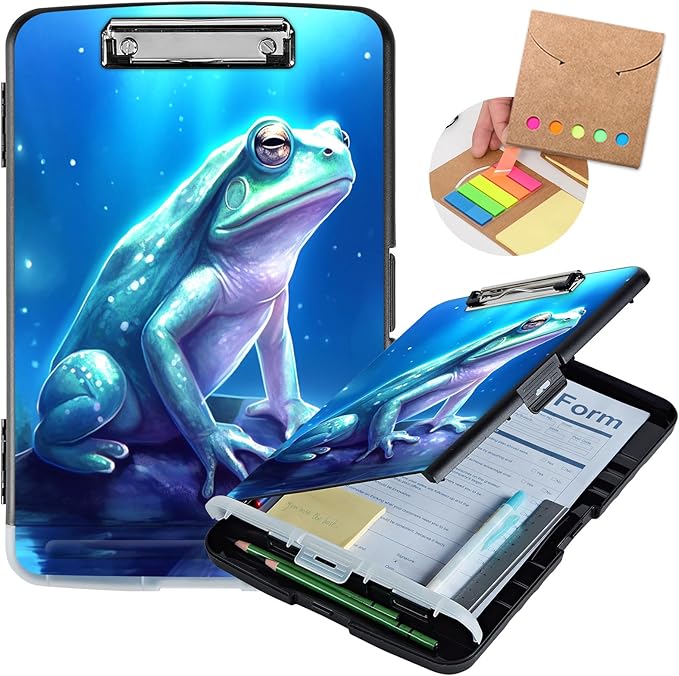 Clipboard with Storage,Heavy Duty Plastic Storage Clipboard with Low Profile Clip,Teacher Must Haves,Office Supplies,Frog in a Lake