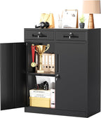 Greenvelly Metal Storage Cabinet with 2 Drawers,36" Black Lockable Metal Cabinets with Doors and Shelves, Steel File Cabinet with Lock for Home Office, Garage, School, Apartment,Warehouse