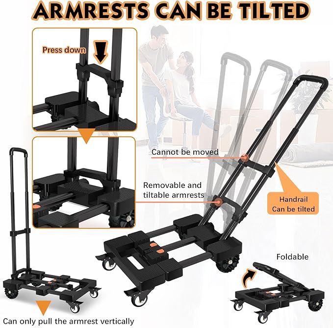 Heavy-Duty 500LB Capacity Hand Truck with One-Touch Retractable Handle & Extendable Plate, Portable Collapsible Dolly Cart with 4 Wheels w/Brakes Folding Luggage Cart for Travel/Home Use, Black
