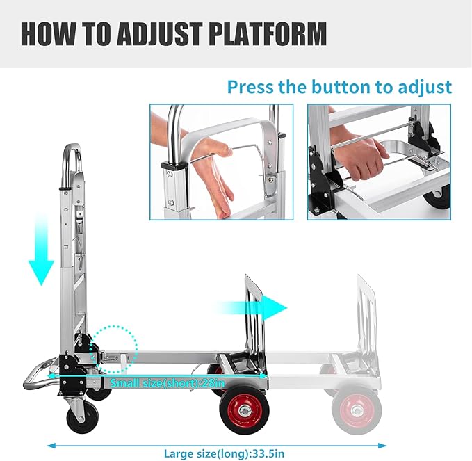 2 in 1 Aluminium Hand Truck Dolly 450lbs Capacity, Heavy Duty Convertible Hand Truck W/Pneumatic Wheels, Foldable Dolly Cart Collapsible for Moving with Retractable Handle