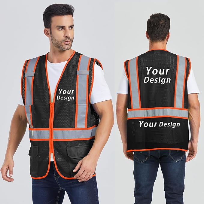 Custom Safety Vest with Logo Pockets High Visibility Reflective Vests Construction Security Workwear