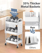 ALVOROG 3 Tier Rolling Cart with DIY Pegboards Metal Utility Cart with Wheels Handles Baskets Hooks, Storage Cart for Office Kitchen Bathroom(White)