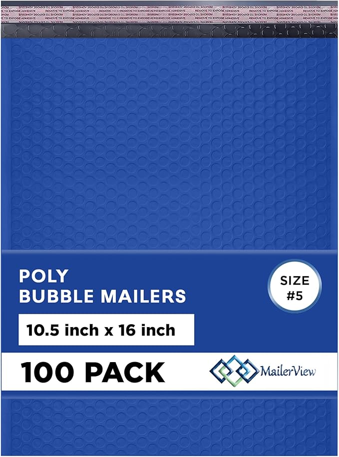 Royal Blue 10.5x16 Inch Large Poly Bubble Mailers #5 | Padded Envelopes with Self Seal | Air Lined Cushioned Bubble Mailer | Usable Size 10.5x15 | 100 Pack Bulk | Lightweight shipping Bags
