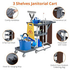 Commercial Housekeeping Utility Cart, Janitorial Cleaning Carts On Wheels, Janitorial Cart with Cover and Vinyl Bag, 3 Shelf Service Carts for Hotel/Stores/Restaurants/Hospitals/Schools/Business