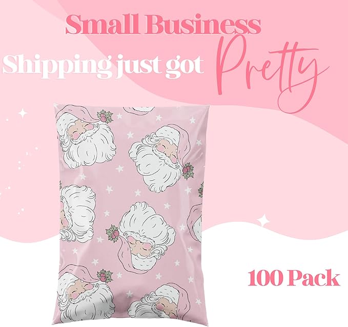 14.5x19 Designer Christmas Holiday Poly Mailers 100 Pack Heavy Duty Waterproof Self Seal Shipping Bags Large Mailing Envelopes Bulk Tear Resistant Cute Packaging Pink Santa