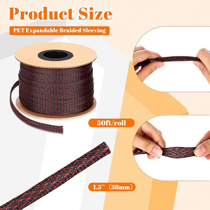 Pangda 1.5inchx50ft Wire Loom Pet Expandable Braided Sleeving Braided Sleeve for Tv, Computer, Home Theater(Black-Red)