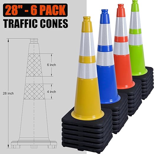 6 Pack 28" Inch Large PVC Traffic Cones with Heavy-Duty Black Base, High-Visibility All-Weather Safety Cones for Road Construction, Parking Lot, Garage Use (6, Orange, 28" Large)