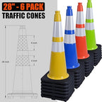 6 Pack 28" Inch Large PVC Traffic Cones with Heavy-Duty Black Base, High-Visibility All-Weather Safety Cones for Road Construction, Parking Lot, Garage Use (6, Orange, 28" Large)