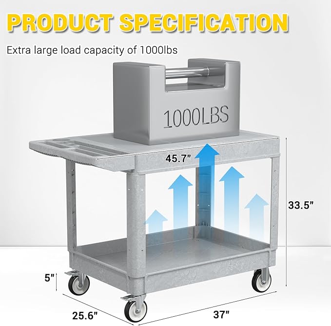 Heavy Duty Plastic Utility Cart with Wheels, Rolling Flatbed Tool Cart on Wheels, Service Cart for Garage, Warehouse, Workshop, Office, Cleaning (Gray-45.7 inch)