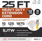 IRON FORGE CABLE 25 Foot Lighted Outdoor Extension Cord with 3 Electrical Power Outlets - 12/3 SJTW Heavy Duty Yellow Extension Cable with 3 Prong Grounded Plug for Safety, 15 AMP