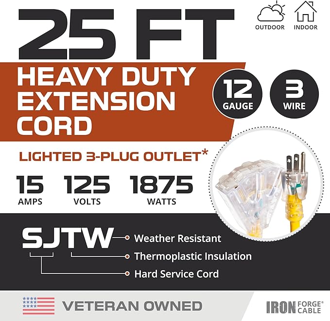 IRON FORGE CABLE 25 Foot Lighted Outdoor Extension Cord with 3 Electrical Power Outlets - 12/3 SJTW Heavy Duty Yellow Extension Cable with 3 Prong Grounded Plug for Safety, 15 AMP