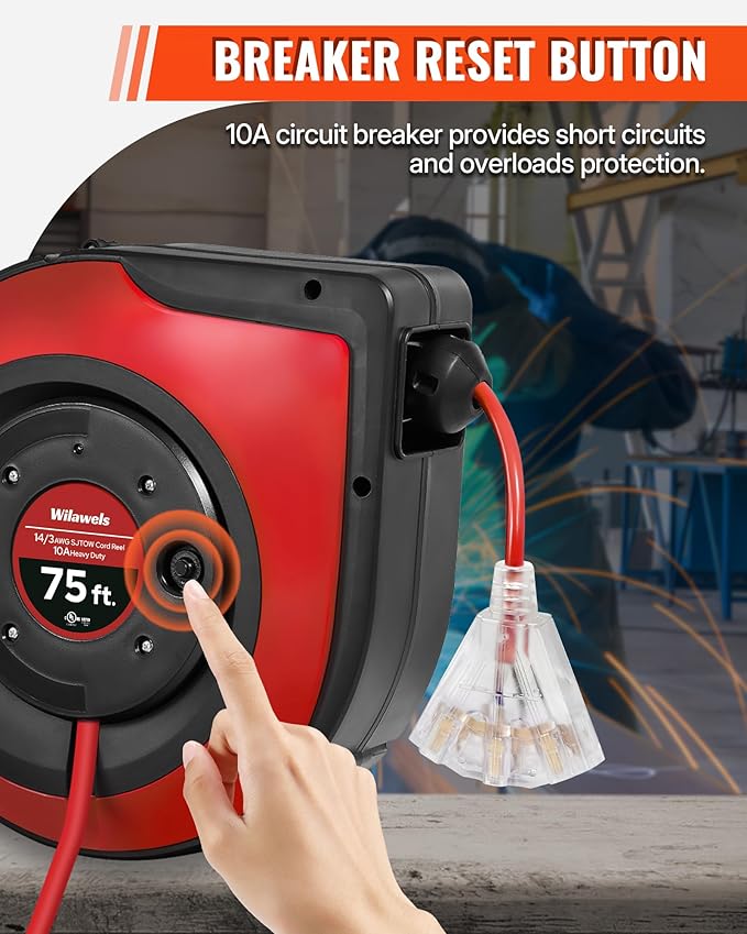 Retractable Extension Cord Reel, 75 FT Heavy Duty Extension Cord, 14AWG/3C SJTOW, 3 Grounded Outlets Lighted Triple Tap, 10A Circuit Breaker, Wall/Ceiling Mounted, UL Listed, Red R75CR06