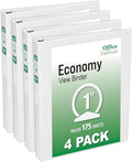Office Essentials Economy View 3 Ring Binders, 1" Round Rings, 1.4" Spine, 175-Sheet Capacity, White Binders, Ideal for Occasional Use and Light Referencing (4-Pack of 03126)