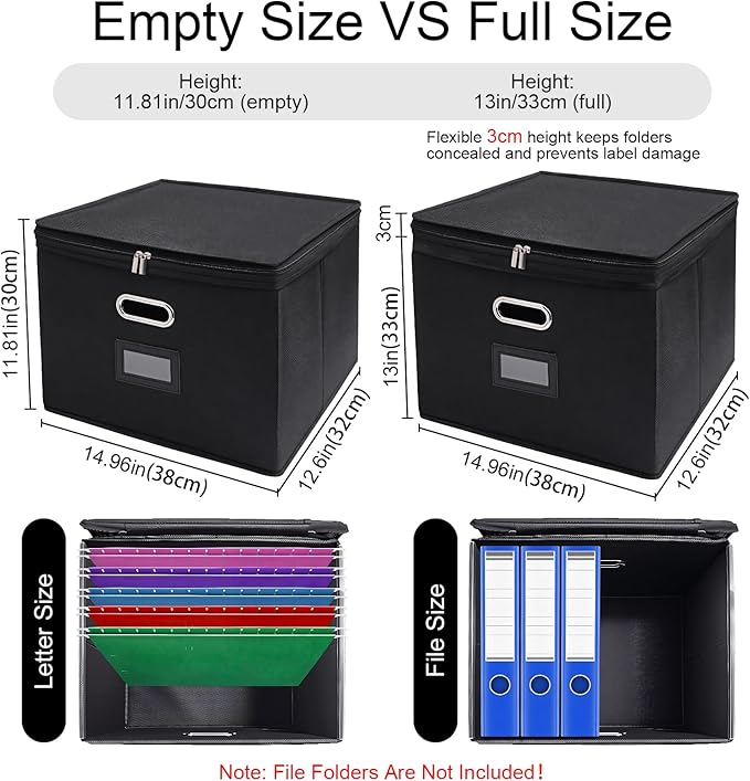 4 Pack Large File Organizer Boxes with Lids, Document Organizer Box with Mesh Pockets & Zippers for Letter/Legal Size Folders, Collapsible File Storage Box (Black, Without Folders)