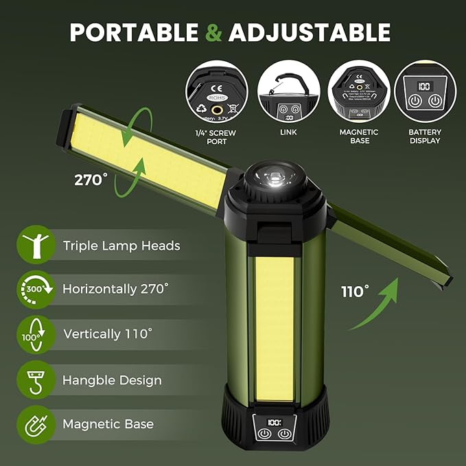 Rechargeable Led Work Light with Stand: Cordless Camping Light Kit 3 Page Head 500/1000/2000 Lumen 3500/6500K - Dimmable 6AH Camp Lights with Detachable Tripod,Hooks and Carrying Bag(Green-S)