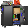 Aobabo 34.3 Inches Metal Storage Cabinet with Wheels and 2 Pegboards, Lockable Rolling Tool Storage Cabinet with 1 Adjustable Shelves for Garage,Assembly Required,Black