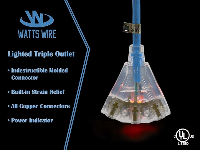 50 ft Extreme Cold Outdoor Extension Cord Waterproof - 12 Gauge Heavy Duty Extension Cord 50 ft - Lighted Outdoor Extension Cords with Multiple Outlets Oil-Resistant Flexible Cord - Watts Wire