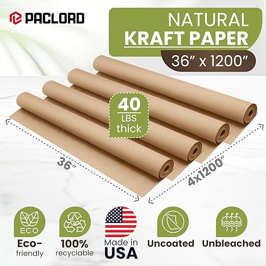36" x 1200" (100 ft) Natural Kraft Paper Roll (Value Pack – 4 Rolls) – Made in USA, 100% Recyclable Brown Packing Paper for Shipping, Packaging, Crafting & Gift Wrapping