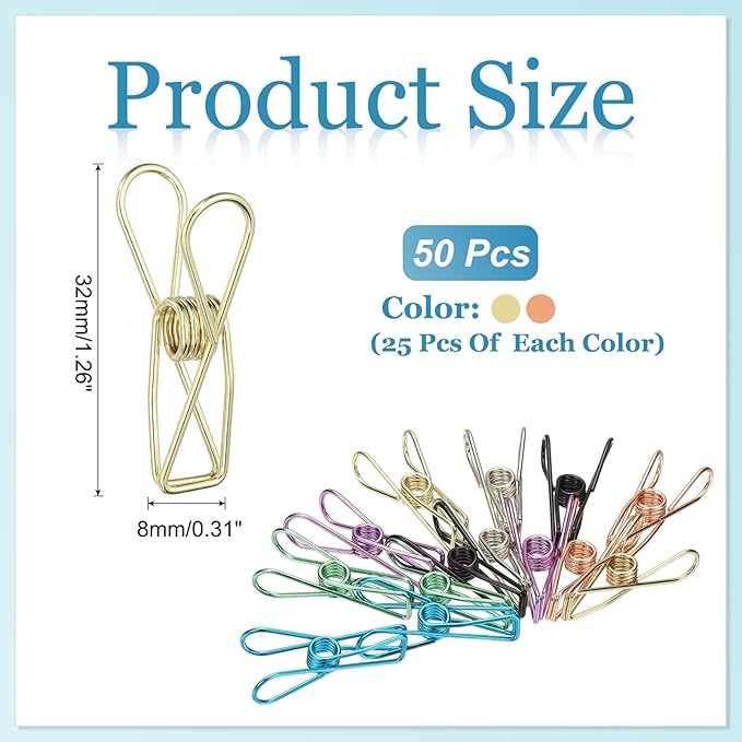 PATIKIL 50Pcs Paper Office Binder Clips, 1.26" Small Metal Wire Hollow Out Paper Clamps Long Tail Binder Clips for Photo Clothes Hanging Office Home Kitchen Food Package, Gold/Rose Gold