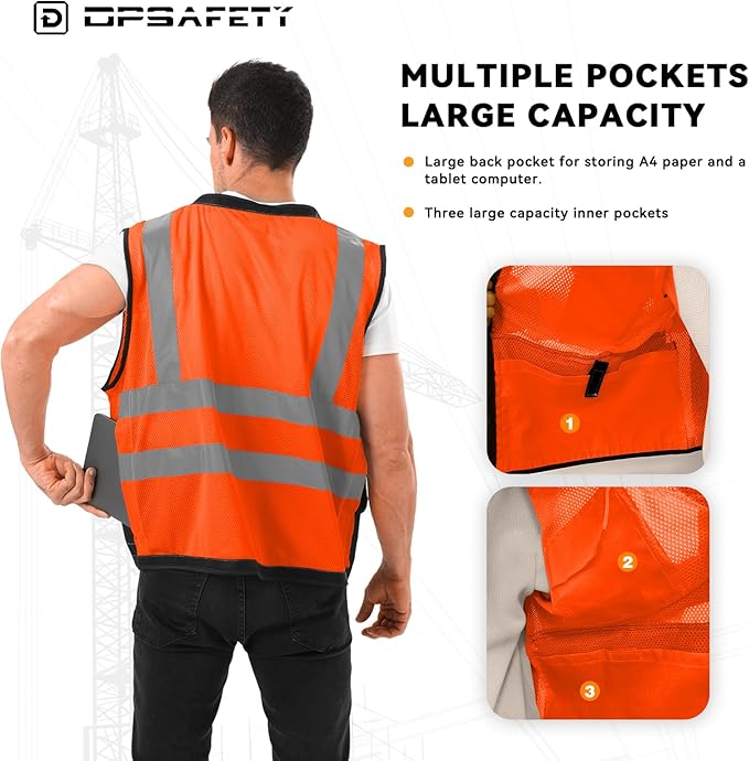 Reflective Safety vest With back plan pocket,High visibility Class 2 Heavy Duty Surveyor Vest with Zipper,Hi Vis Construction Work Vest for Men＆Women ANSI/ISEA(Orange-Bottom,3XL)