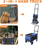 2-in-1 Folding Hand Truck with Folding Basket,Hand Truck with Retractable Handle, 330LBS Capacity Heavy Duty Hand Dolly, Dolly Cart with Wheels for Luggage/Moving/Travel