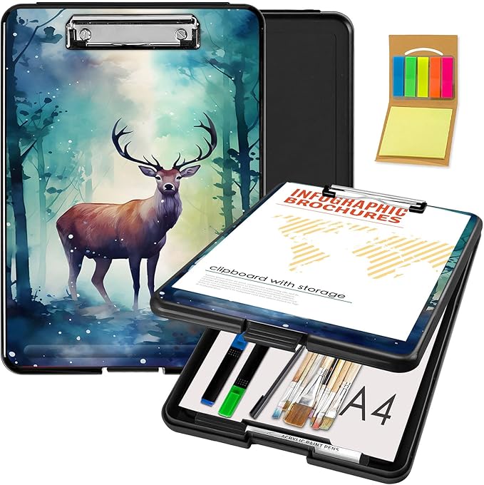 Clipboard with Storage,Office Supplies Nursing Clipboards Folder with Pen Holder Plastic Foldable Clip Board with Storage for Nurse Teacher,Watercolor Forest Deer