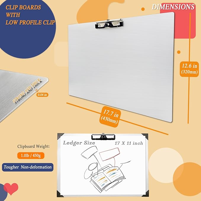 Aluminum 11x17 Clipboard Metal Stainless Hangable Clipboards Art Pen Holder Extra Large Clip Board for Business Medical Professionals Workshop (Silver, A3-SingleClip)