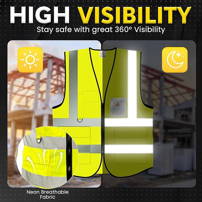 PeerBasics Safety Vest 10 Pack, Yellow, ANSI Class 2, Reflective, For Men Women Unisex, With Pockets Zipper, Breathable Mesh (XX-Large)