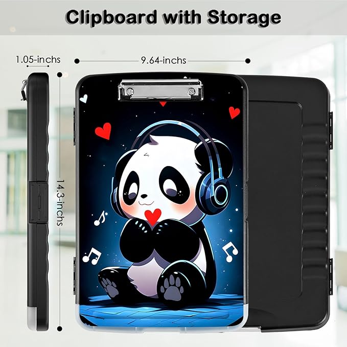Clipboard with Storage,Office Supplies Nursing Clipboards Folder with Pen Holder Plastic Storage ClipBoard Foldable for Teacher Nurse,Cute Music Panda
