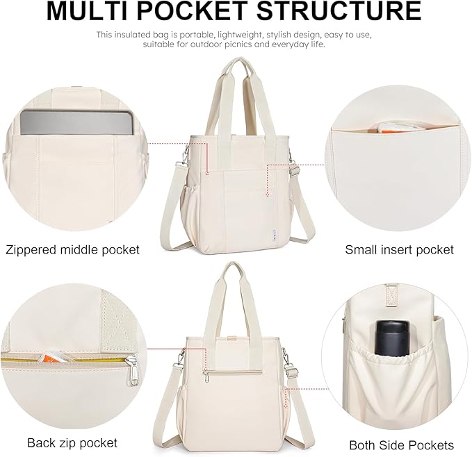 NOL Insulated Lunch Bag for Women, Large Spacious Lunch Tote Bag With Removable Adjustable Shoulder Strap with Multi Pockets,Leakproof Cooler Bag,Lightweight Nylon Waterproof Lunch Box For Work,Cream