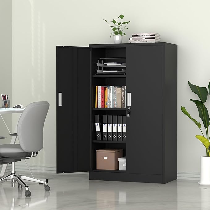 Metal Storage Cabinet with Locking Doors and Adjustable Shelves, 53.5-Inch Tall Lockable Storage Cabinets for Home Office Garage Kitchen Pantry (Black)