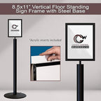 Floor Standing Sign Frame with Steel Low Profile Base, 8.5 inches by 11 inches Vertical Sign Frame, Black Post