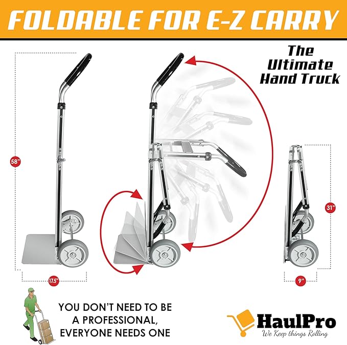 Fully Assembled Foldable Hand Truck with 8" Mold-On Rubber Wheels – Horizontal Loop Handle. 500 Lb. Capacity Dolly for Travel, Moving and Office Use | 14 X 7.5 Extruded Aluminum Nose Plate