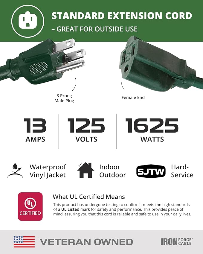 Iron Forge Cable 2 Pack Weatherproof 8 Ft Outdoor Extension Cord - 16/3 SJTW Heavy Duty Green Extension Cord 3 Prong - 13 Amp Exterior Power Cable