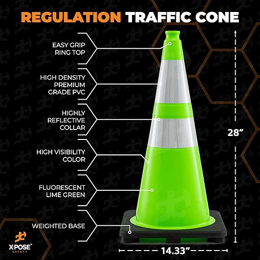 Xpose Safety 28” Lime Green Traffic Cone Dual 6" & 4" Reflective Collar – 48 Pack Multipurpose Premium PVC Safety Cone for Parking, Caution, Construction, Road Crews, Emergency Vehicle - DOT Approved