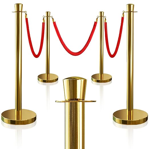 4PCS Top Crown Decoration Gold Stanchions Posts with 3PCS 5 ft Red Velvet Rope, Red Velvet Rope Stanchion Set Crowd Control Barriers, Stanchions and Velvet Ropes Red Carpet Poles for Party Supplies