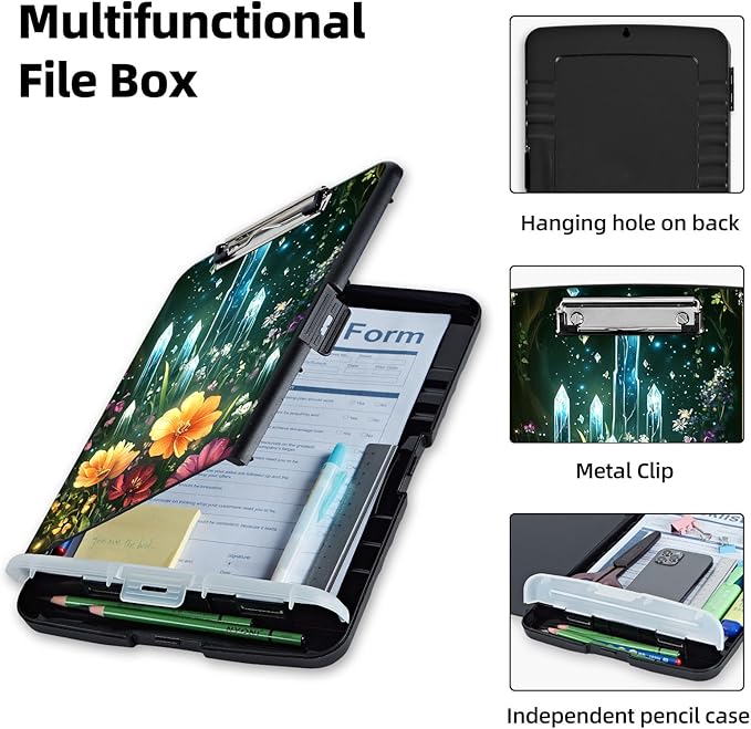 Clipboard with Storage Box & Pen Holder,Heavy Duty Clip Boards 8.5x11 for Nursing,High Capacity,School & Office Supplies,Crystal Garden