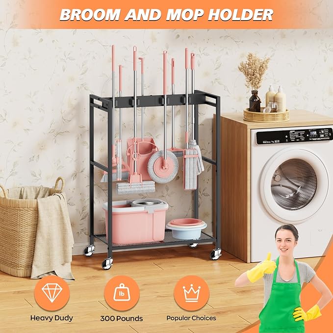 Broom and Mop Holder, Broom Storage Hanger, Cleaning Cart with Broom and Mop Hanger, Cleaning Cart with Wheels, Janitorial Cart for Household, Laundry Room Organization