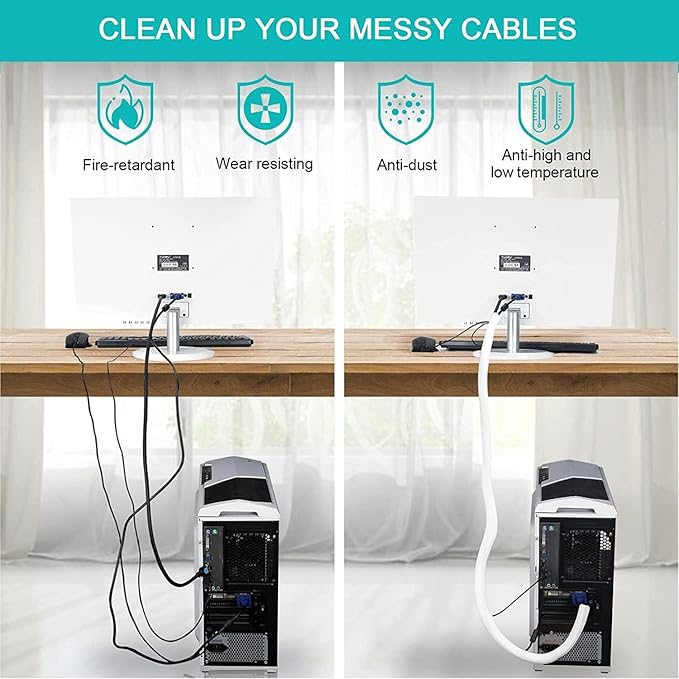 6.6ft - 1/2 inch Grey Cable Sleeve, Cable Organizer for Desk PC TV Computer, Wire Protector Cable Wrap Cover, Cord Management for Home Office