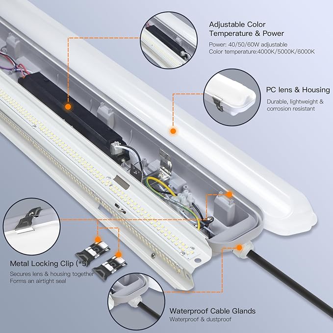JTT 4FT LED Vapor Tight Light, 60W/50W/40W IP65 Waterproof LED Outdoor Indoor Shop Light 6000K/5000K/4000K CCT, Vapor Proof Fixture for Garage Shop Basement Barn Car-Wash, 6-Pack ETL