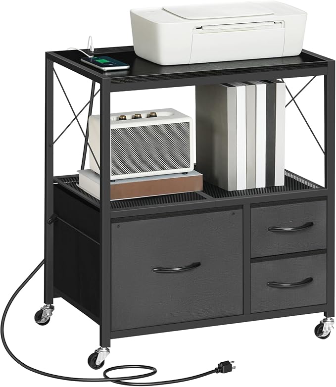 File Cabinet with Charging Station, 3 Drawer Lateral Filing Cabinet for Home Office, Mobile Printer Stand with Open Shelf, Fits A4/Letter Size File, Nonwovens Drawer, Black FCHB98E01