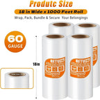 18 inch Stretch Film Shrink Wrap for Moving Supplies, 4 Pack Industrial Strength Stretch Plastic Wrap Roll for Pallet Wrapping Shipping Moving Boxes Storage Furniture,1000ft, Clear
