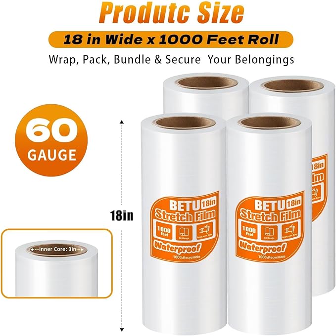 18 inch Stretch Film Shrink Wrap for Moving Supplies, 4 Pack Industrial Strength Stretch Plastic Wrap Roll for Pallet Wrapping Shipping Moving Boxes Storage Furniture,1000ft, Clear