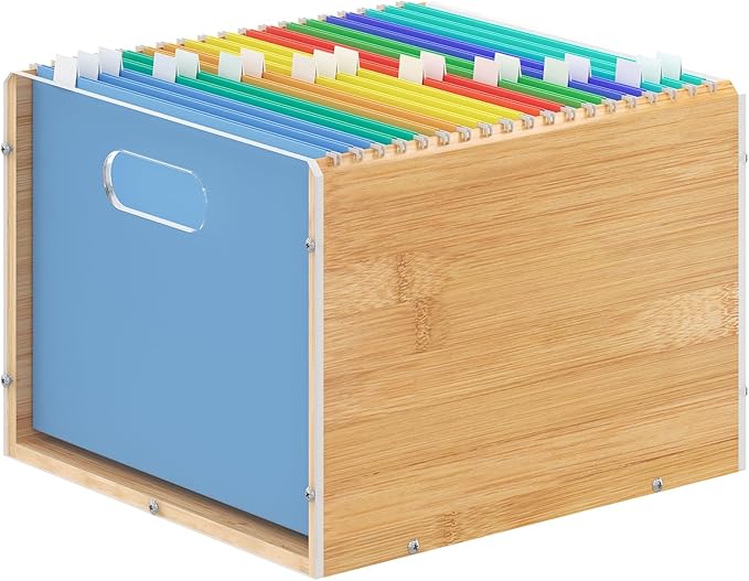 Hanging File Organizer, Clear Acrylic File Box Organizer, Bamboo Filing Box File Crate Organizer Storage Boxes, Portable Filing Folder with Handle for Letter Size