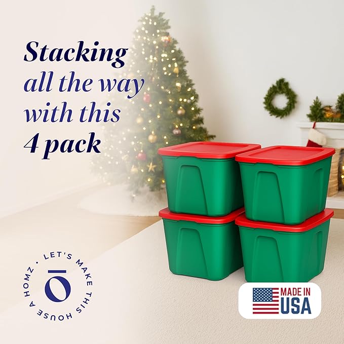 HOMZ 4-Pack Molded Bin, Holiday Storage Containers w/ Lids, 18 Gal, Green/Red Stackable Plastic Totes for Christmas Decorations, Gift Wraps, Crafts